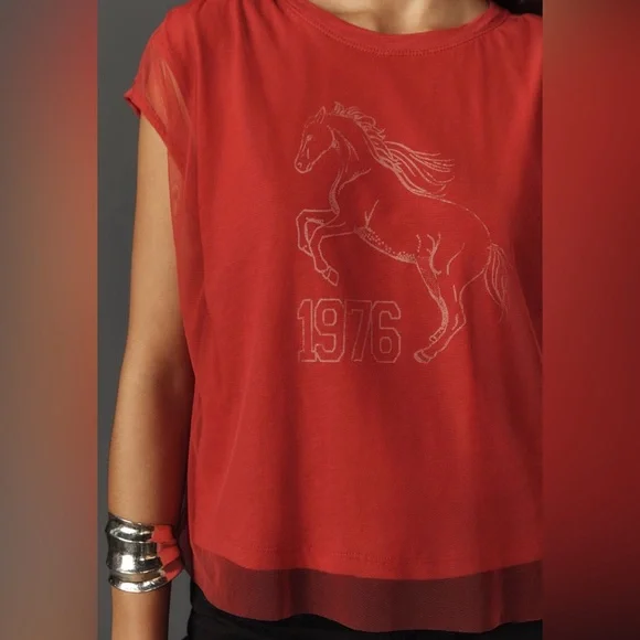 NWT Pilcro Graphic Band Tulle Tee / Red Horse 1976 - Picture 1 of 7